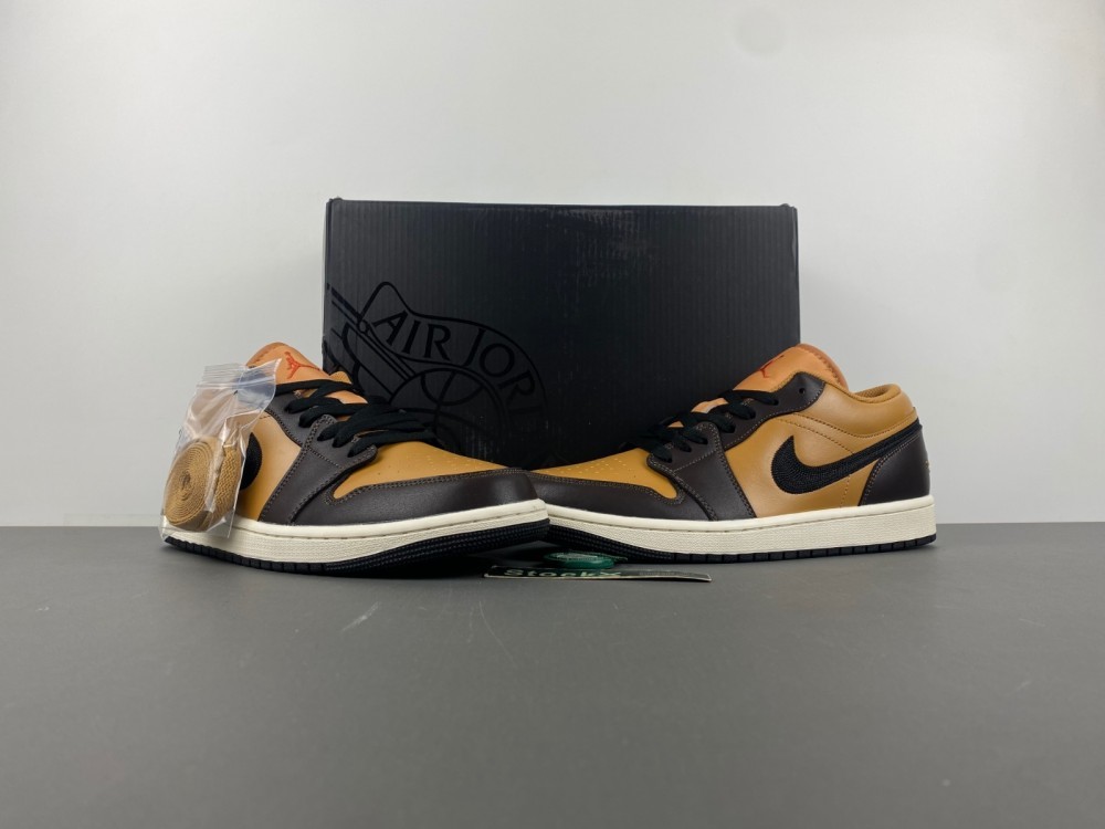 Air Jordan 1 Low. Brown/Black low-top style.